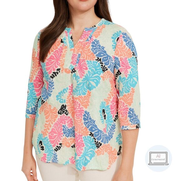 Talbots Womens Top Cotton 3/4 Sleeve Multicolor Abstract Floral Petite LP - Picture 1 of 12